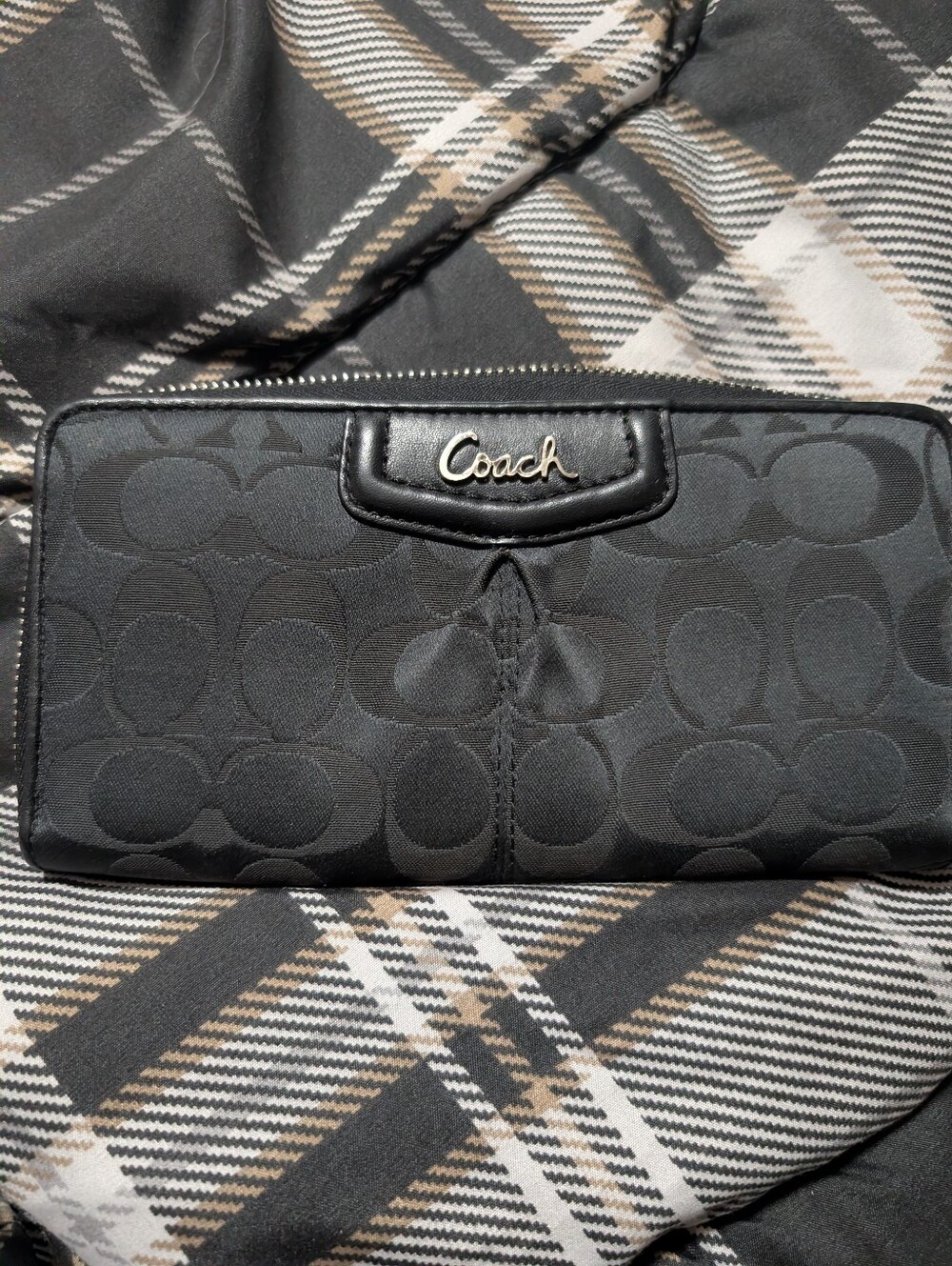 Coach Black Signature Zip Around Accordion Wallet